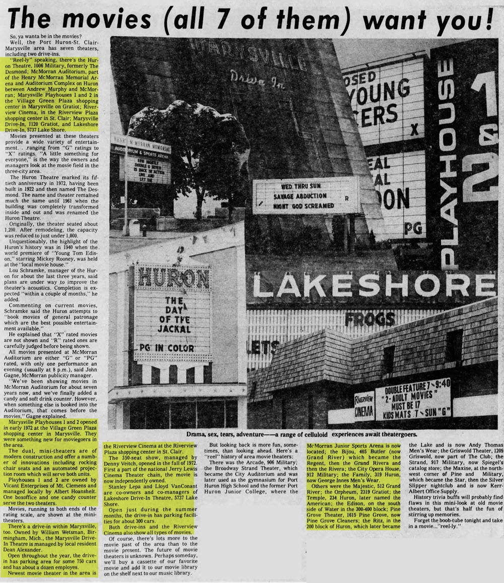 Huron Theatre - 1973 Article On Port Huron Area Theaters (newer photo)